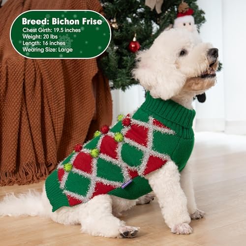cyeollo Dog Christmas Sweater, Turtleneck Pullover Holiday Outfit, Ball XL