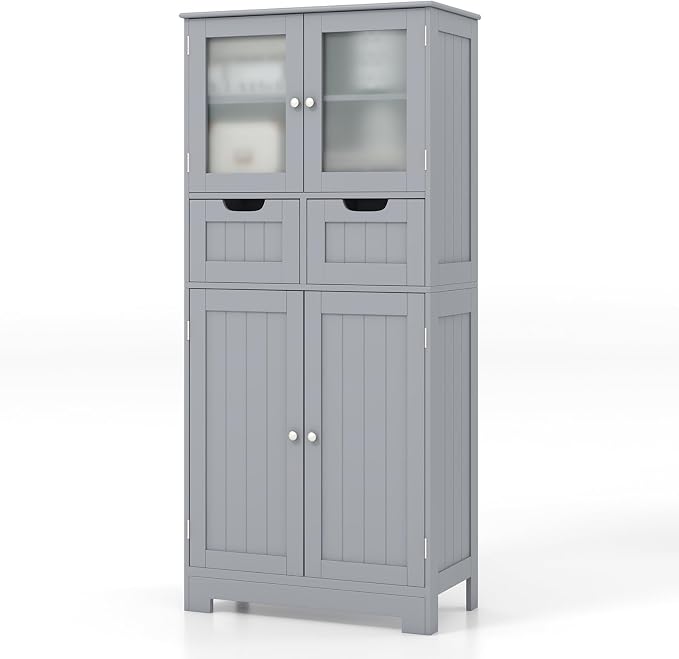 LOKO Bathroom Cabinet, Linen Storage Organizer with Doors & Drawers, Wooden Floor Cabinet with Adjustable Shelves for Bathroom, Living Room or Kitchen (Grey)