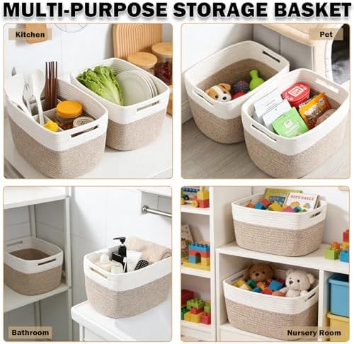 6 Pack Woven Rope Baskets, 12.6"×9"×7.8" Storage Bins, White&Brown | Storage Boxes for Toys, Books, Towels, Clothes, Shelf Baskets Organizer,Empty Gift Baskets for Living Room, Bathroom, Bedroom