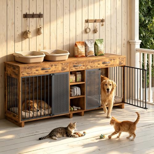 Double Dog Crate Furniture TV Stand, Wooden Dog Cage for Medium Large Dogs, Heavy Duty Single/Double Dog Crates for Small/Medium/Large Dogs,Large Size 78.74" L(35-60 Pounds), Brown