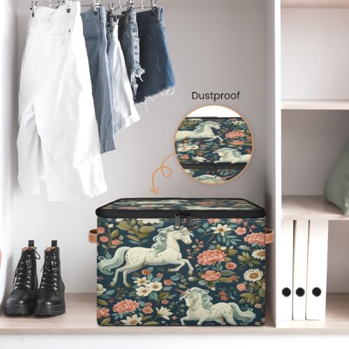 Floral Horse Storage Box with Zipper Lid | Collapsible, Fabric, Storage Bin, Handle, Large, Closet Organizer, Containers, Bedroom, Home, Horse