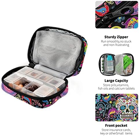 Flower Paisley Skull Pill Box 7 Day Pill Case Travel Pill Organizer Bag with Zipper Portable Weekly Case Compact Size for Vitamin Supplement Holder