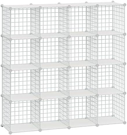 HUBSON Wire Cube Storage Organizer, Book/Toy/Craft/Potted Plants and Pet Closet Organizers, 16-Cube Freely Combinable Metal Grid Storage Shelves, White Plus Iron