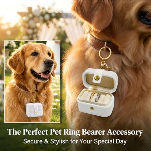 Velvet Dog Collar Ring Bearer Box with Clip, Wedding Ring Pillow Box for Pet, Mini Ring Holder Pouch Box for Proposal Party (Ivory)