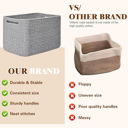 Storage Baskets for Organizing, 4 Pack Baskets for Shelves, Decorative Storage Bins for Shelves, Cotton Rope Storage Basket with Handles, Woven Basket for Storage, 13''Lx8.7''Wx7.9''H, Gray