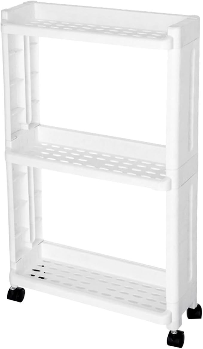 3-Tier Gap Storage Tower Rack with Wheels for Home Kitchen | PP White Build, Slide out Access, Portable Design, Suitable for Bath Supplies and PET Items