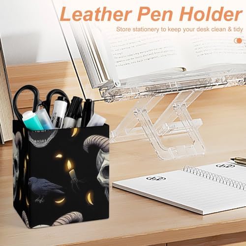 Women's Makeup Brush Cup Desktop Stationery Organizer Goth Raven Skull Goat Leather Pen Holder