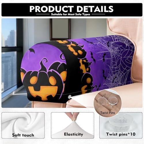 Couch Arm Covers for Sofa 2 Pack Halloween Pumpkin Arm Chair Covers for Arms Recliner Headrest Protector 2pcs Stretch Fabric Sofa Armrest Covers Halloween Decoration