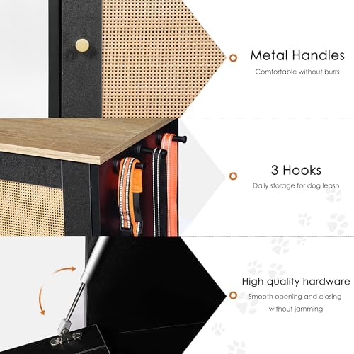 Pet Feeding Station Cabinet with Hidden Pull Out Elevated Stainless Steel Bowls, Rattan Doors, Side Hooks, Anti Tipping Kit, Storage Lockers, Organizer for Food, Treats, Toys, Leashes, Supplies