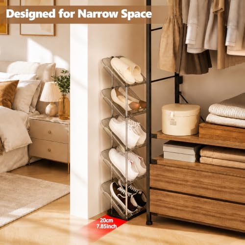 Slanted Narrow Shoe Rack 5 Tiers, Slim Depth Vertical Shoe Shelf - 1 Pack | Small Spaces Shoe Storage, Fits All Shoes & Boots Organizer, Free Standing, Tall, Sloping, Thin, Corner, Entryway, Ergonomic