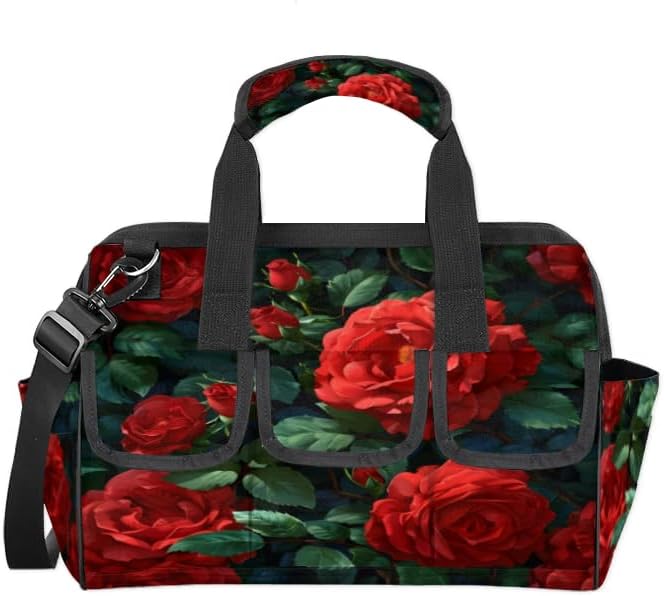 Red Rose Heavy Duty Tool Bag 14.8 Inch Red Floral Flower Portable Soft Tool Box Organizer Storage with Adjustable Shoulder Strap