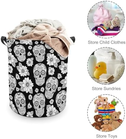 Collapsible Storage Hamper with Handles Floral Sugar Skulls Black, Waterproof Laundry Basket for Clothing, Toys, and Bathroom Use