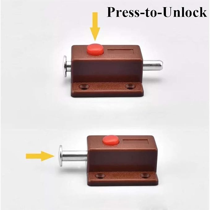 Press-to-Unlock Spring Latch for Cabinet Drawer Pet Door Tool Box Storage Chest (Brown Without Cap)