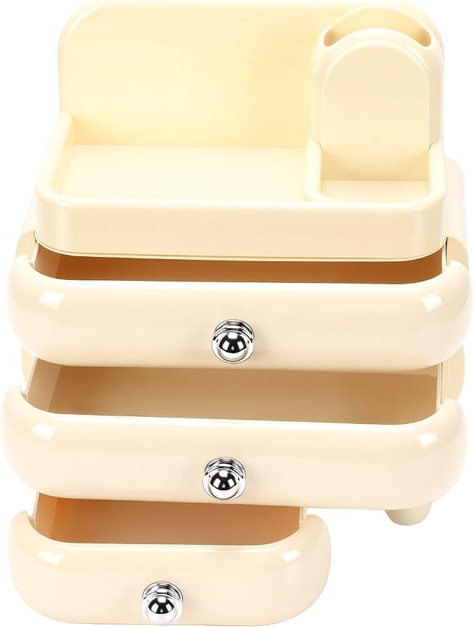 Yosoo Desktop Makeup Organizer with 3 Drawers Top Tray Dust Guard for Cosmetic Brushes Lipstick Skincare Storage (White)