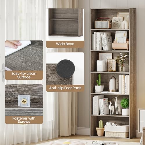 GIANTEX 6-Tier Bookcase, 70" Tall Wooden Bookshelf, Freestanding Storage Organizer w/Open Shelves, Anti-Tipping Kits, Modern Floor Standing Display Shelves for Living Room, Bedroom,Grey