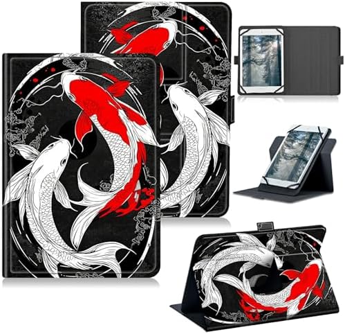 Universal Tablet Case for T-Mobile Revvl Tab 2 10.1" 2025/Revvl Tab 5G 10.36" 2023, 360 Degree Rotating Kickstand Protective Stand PU Leather Shell Cover for 9"-10.5", Red White Fish