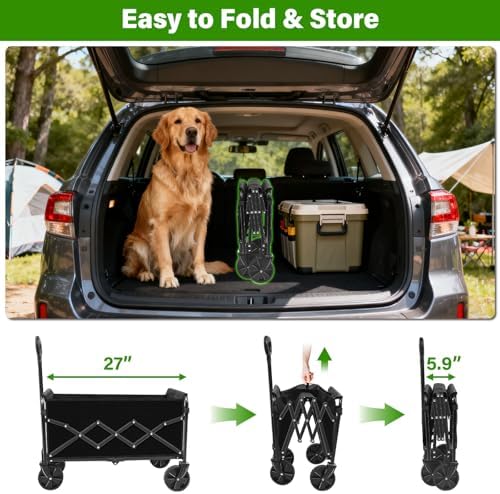 Collapsible Wagon Cart, Folding Cart with 360LBS Capacity, Black | All-Terrain Wheels & Flexible Handle, Heavy Duty Utility Wagon for Grocery Camping Garden Shopping Sports