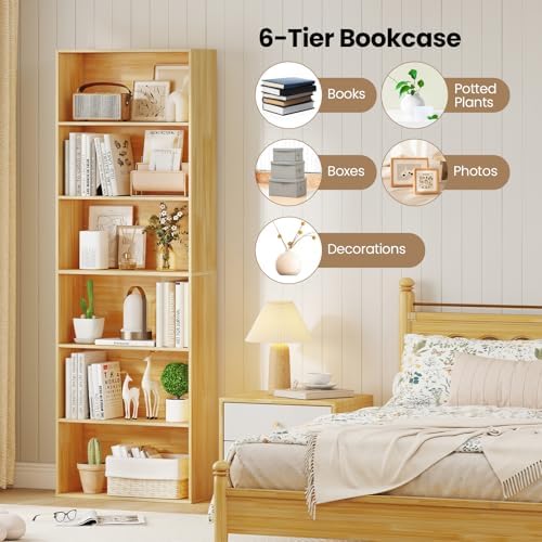 GIANTEX 6-Tier Bookcase Set of 2, 70" Tall Wooden Bookshelf, Freestanding Storage Organizer w/Open Shelves, Anti-Tipping Kits, Modern Floor Standing Display Shelves for Living Room,Burlywood