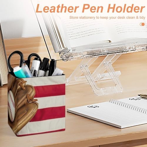 Square Pen Holder Waterproof Multifunctional Desk Organizer For Office Home Vintage Ball Baseball American Flag