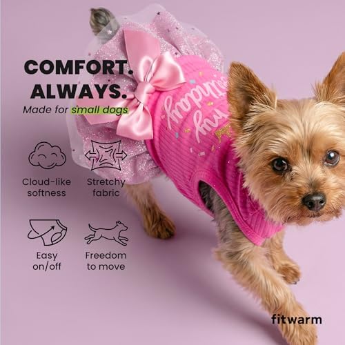 Fitwarm It's My Birthday Dog Dress - Pink, Small Dog Girl's Funny Birthday Dress with Bowknot