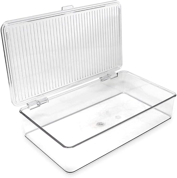Isaac Jacobs Small Stackable Organizer Bin (10.75” x 6.5” x 2.4”) | With Hinged Lid, Clear Storage Box Home Office School Fridge Bathroom Kitchen Pantry Container BPAFree Food Safe