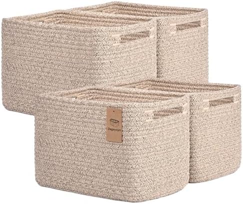Storage Baskets for Organizing, 4 Pack Baskets for Shelves, Decorative Storage Bins for Shelves, Cotton Rope Storage Basket with Handles, Woven Basket for Storage, 13''Lx8.7''Wx7.9''H, Brown