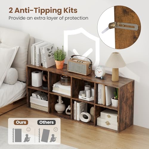 Giantex 8-Cube Bookcase, Floor Standing Bookshelf with Storage & 2 Anti-Tipping Kits, Open Storage Organizer, Cubby Wooden Book Shelf for Living Room, Study (Rustic Brown, 8-Cube)