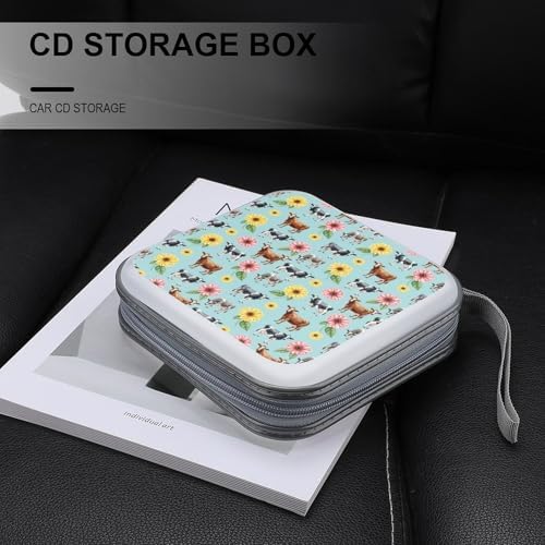 Protective 40-Disc CD/DVD Wallet Cow Flowers Print, Hard Plastic Storage Binder with Handle, Portable Organizer for Car Office Travel