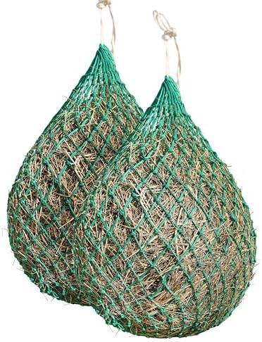 Harrison Howard 2 PCS Slow Feed Hay Net for Horses, 40 Inch Hay Bag Holds 1–2 Flakes, 2 Inch Mesh Durable Hanging Feeder for Stable, Pasture & Livestock-Grass Green