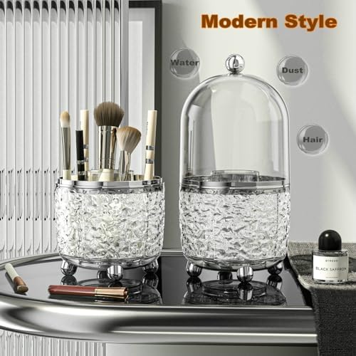 CHIRISEN 360 Rotating Makeup Brush Holder with Lid Dustproof Spinning Brush Storage for Bathroom Countertop, Cosmetic Tools Organizer with Cover for Vanity (Gray)
