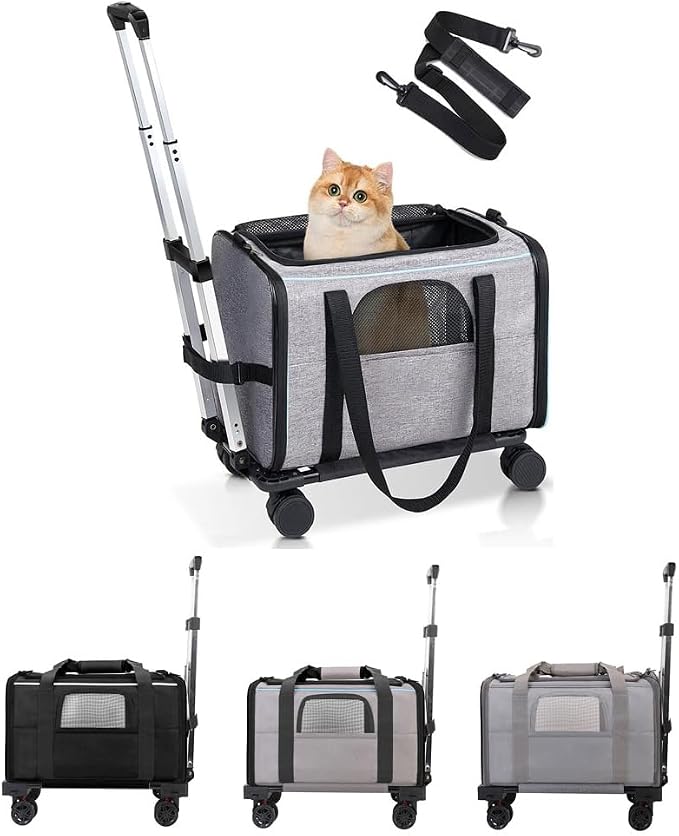 Pet Trolley Bag, Detachable Rolling Carrier for Small Dogs Cats Portable Pet Travel with Telescopic Handle and Shoulder Strap, for Airplane Car (Gray with Gray Edges)
