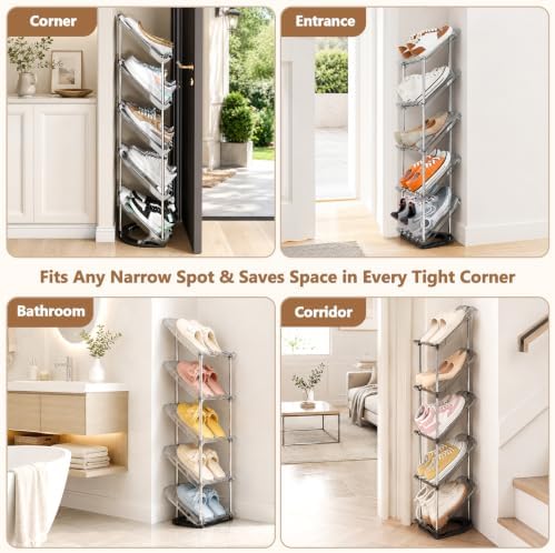 Slanted Narrow Shoe Rack 5 Tiers, Slim Depth Vertical Shoe Shelf - 1 Pack | Small Spaces Shoe Storage, Fits All Shoes & Boots Organizer, Free Standing, Tall, Sloping, Thin, Corner, Entryway, Ergonomic