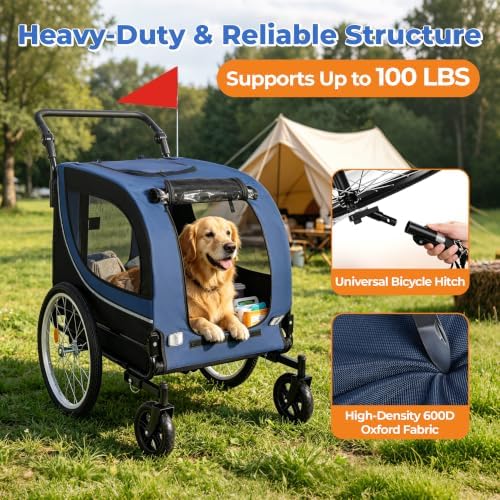 2-in-1 Pet Bike Trailer & Dog Stroller for Ebikes, Heavy-Duty Foldable | Heavy-duty powder-coated steel frame supports up to 100 lbs. 600D Oxford fabric is tear-resistant and sun-protective. Co