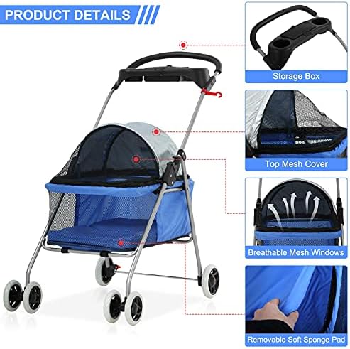 Meet Perfect Pet Stroller for Small/Medium Dogs & Cats, Blue, Foldable | Waterproof fabric helps protect pets during outdoor travel; Mesh panels provide ventilation and visibility.