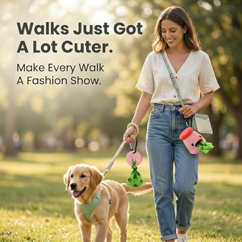 Dog Poop Bag Holder with Hands-Free Used Bag Clip & 1 Roll Bags | Cute silicone design with leash attachment and hands-free clip, making dog walking cleaner and more convenient outdoors