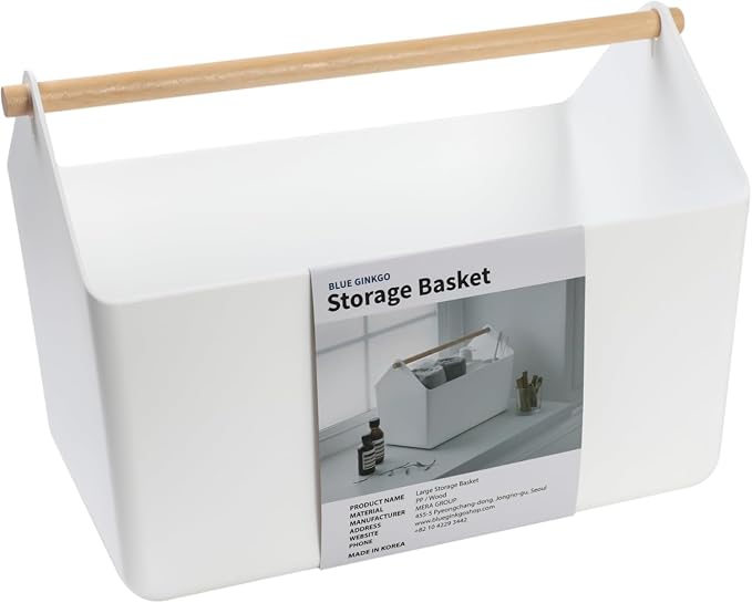 BLUE GINKGO Storage Basket, Large 10.5L, White, Made in Korea | Portable. Spacious Storage Bin. Everyday Organization.