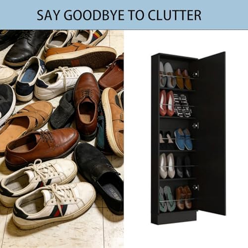 Shoe Cabinet with Mirror Modern Black Mirrored Shoe Storage Cabinet 67" Tall 5-Tier Shelves Narrow Shoe Storage Cabinet for Entryway Space Saving Furniture (Floor-Standing, Black)