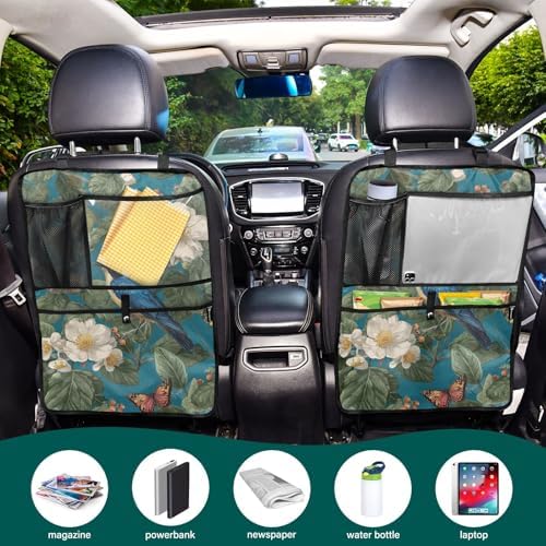 2 Pack Back Seat Car Organizer with Storage Pockets Kick Mats Back Seat Protector Hanging Car Organizer Automotive Seat Back Cover Organizers Vintage Blue Bird Flowers Butterflies