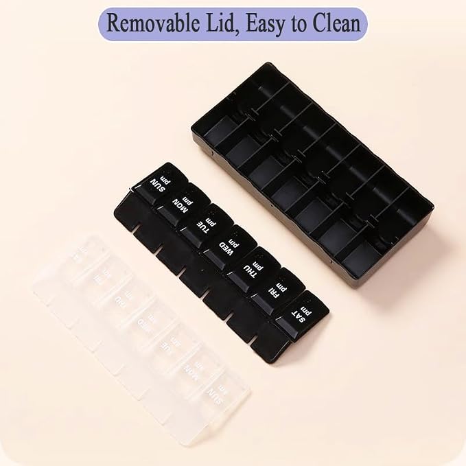 Daily Pill Organizer Box, Travel Large Size Pill Case Dispenser | 14-day Weekly Medicine Supplement Holder, Portable Vitamin Sorter Fish Oil Capsule Tablet DHA Container, Black + Transparent