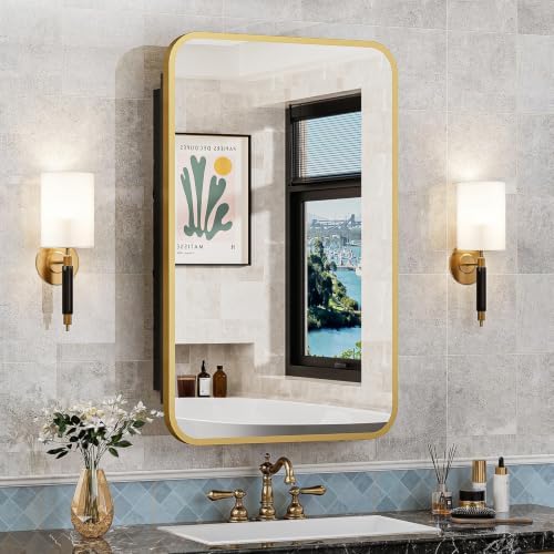 ACEMIRO 16x24 Inch Mirror Medicine Cabinet for Bathroom Gold Metal Frame Bathroom Medicine Cabinet with Mirror Recessed or Wall Mounted