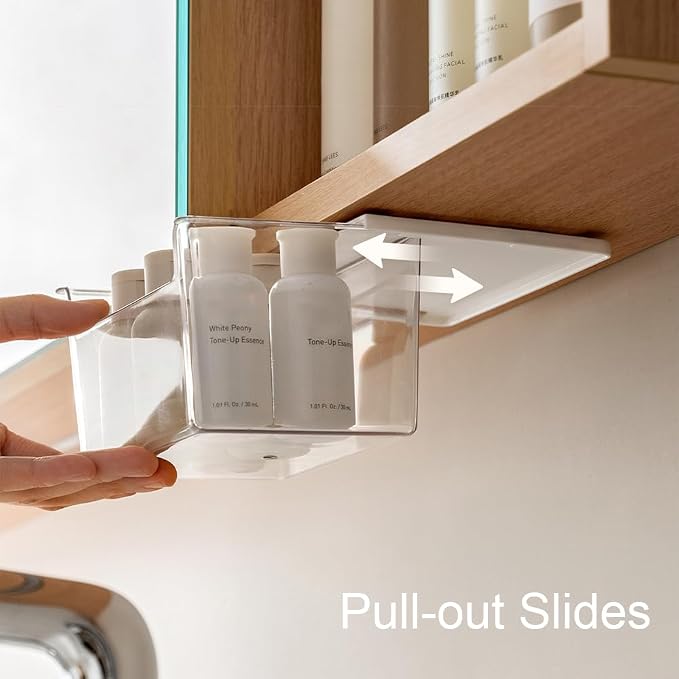 Medicine Cabinet Organizer Wall Mount,Small Pull-Out Organizer Box,Self-adhesive Under Medicine Cabinet Drawer Holder,Make Up Storage for Bathroom Mirror Cabinets, Clear