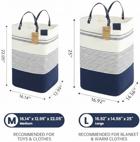 danpinera 100L Nursery Hamper, Tall Woven Laundry Basket with Long Leather Handles, Boho Laundry Hamper for Living Room, Eco-friendly & Convenient Decorative Storage Basket, White & Navy Blue
