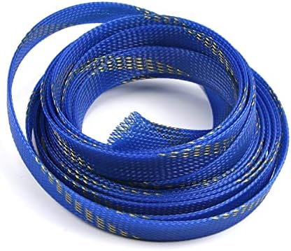 Jutagoss PET Expandable Braided Cable Sleeve, 16.4ft - 11/16 inch Blue Gold Cable Management Sleeve, Wire Loom Tube Cord Protector for USB Cable, Power Cord, Audio Video and More, 1Pc