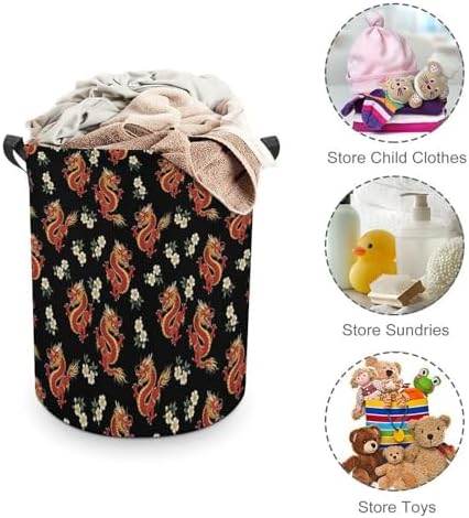 Foldable Laundry Organizer with Handles Floral Chinese Japanese Dragon Flower, Waterproof Hamper Basket for Clothes, Toys, and Bedroom Storage Solutions