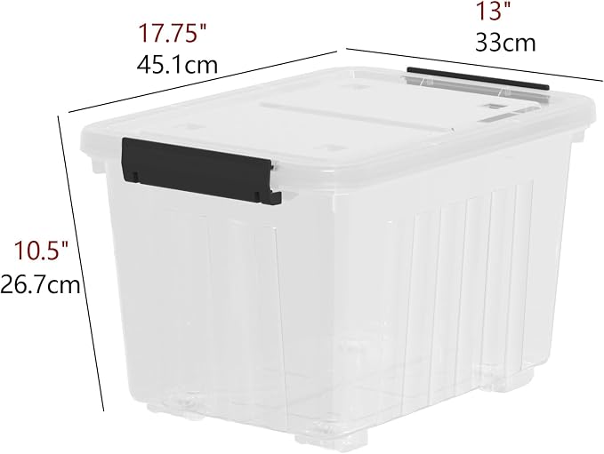 4-Pack 35 Quart Plastic Storage Bin with Secure Lid and Wheels | Stackable Rolling Tote Organizers with Latching Buckles, Stackable Container Box for Closet, Garage, Laundry and Toys, Clear