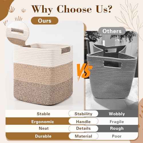 11 Inch Storage Cubes, 3 Pack Cube Storage Bins for Organizing, Cotton Rope Woven Baskets for Shelves, Bathroom, Kids Room, Closets, Baby Nursery