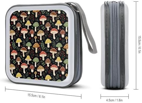 Portable CD Holder Case with Strap Dark Wild Mushrooms, 40-Capacity Hard Plastic Storage Binder, Protective Wallet for Car Office Travel