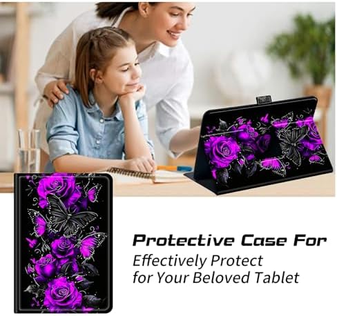 Universal Case for T-Mobile Revvl Tab 2 10.1" Model:9185W 2025/Revvl Tab 5G 10.36" 2023, 360 Degree Rotating Kickstand Protective Stand Leather Shell Cover for 9"-10.5", Purple Rose Art