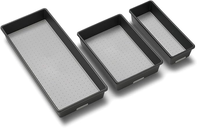 madesmart Classic 3 Bin Drawer Organizer Set, Granite | non slip feet, rounded corners, modular layout, mixed sizes, custom fit, office craft supplies, makeup tools, woman owned