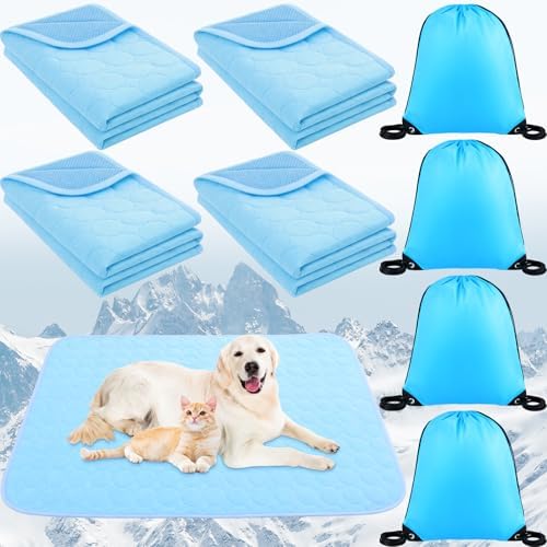 Chunful 39 x 59 Inches 4 Pcs Dogs Cooling Mat for Cats Pet, Summer Washable Dog Cooling Pad with Non-Slip Bottom & Storage Bags, Foldable Self-Cooling Blanket for Crate Sofa Floor Car